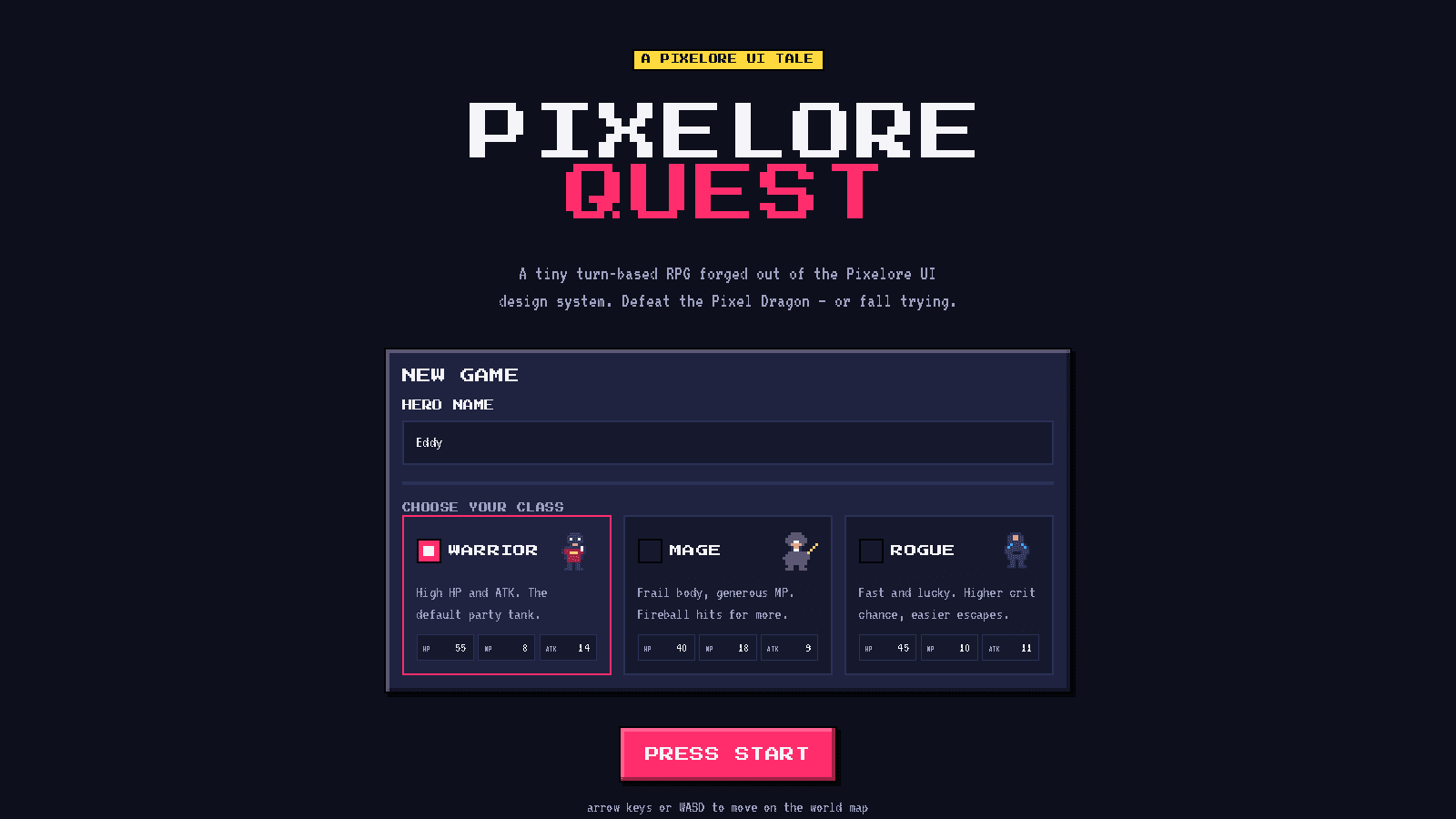 The Pixelore Quest title screen: a new game panel offering the Warrior, Mage and Rogue classes, each with a pixel-art sprite and its HP, MP and ATK stats.